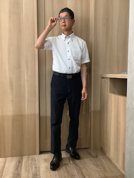 「TOKYO SHIRTS（トウキョウシャツ）の【吸水速乾】 形態安定ノンアイロン ボタンダウン 半袖ビジネスワイシャツ（ビジネスシャツ、ホワイト系）」を使った、TOKYOSHIRTSららぽーと安城店さん（メンズ・172cm）の夏コーディネート