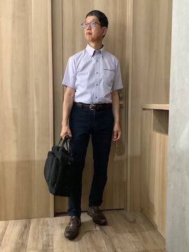 「TOKYO SHIRTS（トウキョウシャツ）の【超形態安定】【吸水速乾】 形態安定ノンアイロン ボタンダウン 半袖ビジネスワイシャツ（ビジネスシャツ、パープル系）」を使った、TOKYOSHIRTSららぽーと安城店さん（メンズ・172cm）の夏コーディネート