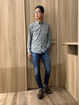 「TOKYO SHIRTS（トウキョウシャツ）のデザインカジュアルシャツ ボタンダウン 長袖 ニットシャツ ストレッチ メンズ（ポロシャツ、グレー系）」を使った、TOKYOSHIRTSららぽーと安城店さん（メンズ・172cm）の秋コーディネート
