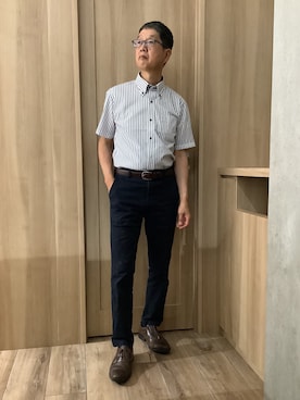 「TOKYO SHIRTS（トウキョウシャツ）の【超形態安定】【吸水速乾】  形態安定ノンアイロン ボタンダウン 半袖ビジネスワイシャツ（ビジネスシャツ、ブルー系）」を使った、TOKYOSHIRTSららぽーと安城店さん（メンズ・172cm）の夏コーディネート