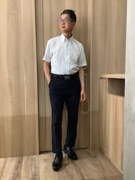「TOKYO SHIRTS（トウキョウシャツ）の【吸水速乾】 形態安定ノンアイロン ドゥエボットーニ 半袖ビジネスワイシャツ（ビジネスシャツ、ホワイト系）」を使った、TOKYOSHIRTSららぽーと安城店さん（メンズ・172cm）の夏コーディネート