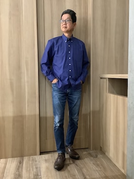 「TOKYO SHIRTS（トウキョウシャツ）のカジュアルシャツ リラックス ブロードシャツ ボタンダウン 長袖 メンズ（ポロシャツ、ブルー系）」を使った、TOKYOSHIRTSららぽーと安城店さん（メンズ・172cm）の秋コーディネート