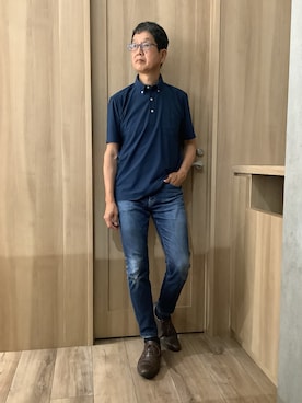 「TOKYO SHIRTS（トウキョウシャツ）のビズポロ ポロシャツ コンフォートドライ 半袖 メンズ（ポロシャツ、ブルー系）」を使った、TOKYOSHIRTSららぽーと安城店さん（メンズ・172cm）の夏コーディネート