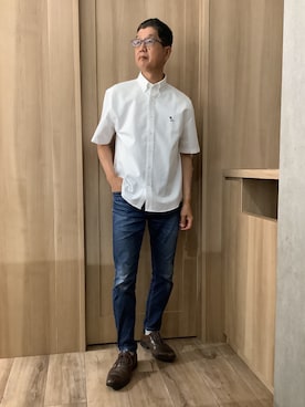 「TOKYO SHIRTS（トウキョウシャツ）のカジュアルシャツ フレンチブルドッグ刺繍 オックスフォードシャツ ボタンダウン 綿100% 半袖 メンズ（ポロシャツ、ホワイト系）」を使った、TOKYOSHIRTSららぽーと安城店さん（メンズ・172cm）の夏コーディネート