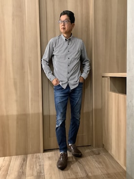 「TOKYO SHIRTS（トウキョウシャツ）のデザインカジュアルシャツ ボタンダウン 長袖 ニットシャツ ストレッチ メンズ（ポロシャツ、ブラック系）」を使った、TOKYOSHIRTSららぽーと安城店さん（メンズ・172cm）の秋コーディネート