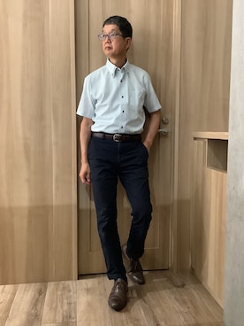 「TOKYO SHIRTS（トウキョウシャツ）の【超形態安定】【吸水速乾】 形態安定ノンアイロン ボタンダウン 半袖ビジネスワイシャツ（ビジネスシャツ、グリーン系）」を使った、TOKYOSHIRTSららぽーと安城店さん（メンズ・172cm）の夏コーディネート