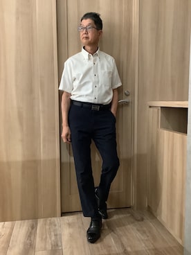 「TOKYO SHIRTS（トウキョウシャツ）の【超形態安定】【接触冷感】 形態安定ノンアイロン ボタンダウン 半袖ビジネスワイシャツ（ビジネスシャツ、イエロー系）」を使った、TOKYOSHIRTSららぽーと安城店さん（メンズ・172cm）の夏コーディネート
