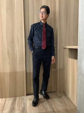 「TOKYO SHIRTS（トウキョウシャツ）の【超形態安定】 形態安定ノンアイロン ワイド 長袖ビジネスワイシャツ（ビジネスシャツ、ブルー系）」を使った、TOKYOSHIRTSららぽーと安城店さん（メンズ・172cm）の秋コーディネート