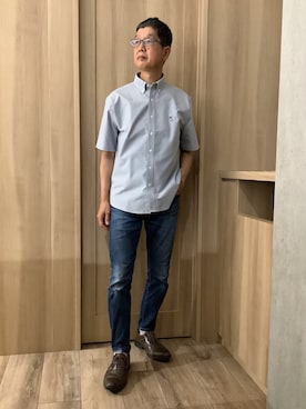 「TOKYO SHIRTS（トウキョウシャツ）のカジュアルシャツ フレンチブルドッグ刺繍 オックスフォードシャツ ボタンダウン 綿100% 半袖 メンズ（ポロシャツ、ブルー系）」を使った、TOKYOSHIRTSららぽーと安城店さん（メンズ・172cm）の夏コーディネート