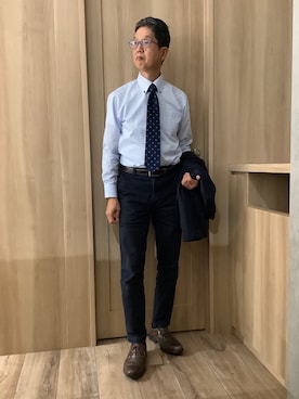 「TOKYO SHIRTS（トウキョウシャツ）のネクタイ 絹100% ベーシック ビジネス フォーマル（ネクタイ、ブルー系）」を使った、TOKYOSHIRTSららぽーと安城店さん（メンズ・172cm）の秋コーディネート