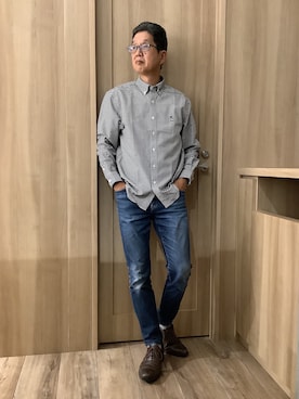 「TOKYO SHIRTS（トウキョウシャツ）のカジュアルシャツ フレンチブルドッグ刺繍 オックスフォードシャツ ボタンダウン 長袖 メンズ（シャツ/ブラウス、ブラック系）」を使った、TOKYOSHIRTSららぽーと安城店さん（メンズ・172cm）の秋コーディネート