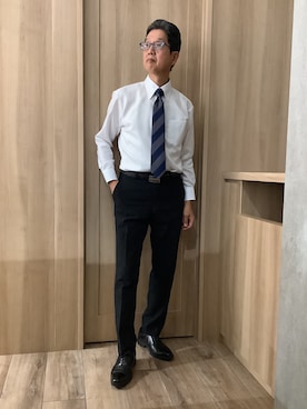 「TOKYO SHIRTS（トウキョウシャツ）の【超形態安定】 形態安定ノンアイロン スナップダウン 長袖ビジネスワイシャツ（ビジネスシャツ、ホワイト系）」を使った、TOKYOSHIRTSららぽーと安城店さん（メンズ・172cm）の秋コーディネート