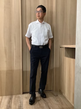 「TOKYO SHIRTS（トウキョウシャツ）の【吸水速乾】 形態安定ノンアイロン ホリゾンタルワイド 半袖ビジネスワイシャツ（ビジネスシャツ、ホワイト系）」を使った、TOKYOSHIRTSららぽーと安城店さん（メンズ・172cm）の夏コーディネート