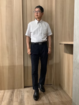 「TOKYO SHIRTS（トウキョウシャツ）の【吸水速乾】 形態安定ノンアイロン ボタンダウン 半袖ビジネスワイシャツ（ビジネスシャツ、ベージュ系）」を使った、TOKYOSHIRTSららぽーと安城店さん（メンズ・172cm）の夏コーディネート