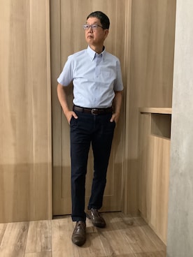 「TOKYO SHIRTS（トウキョウシャツ）の【超形態安定】【吸水速乾】  形態安定ノンアイロン ボタンダウン 半袖ビジネスワイシャツ（ビジネスシャツ、ブルー系）」を使った、TOKYOSHIRTSららぽーと安城店さん（メンズ・172cm）の夏コーディネート