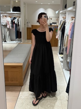 「mystic（ミスティック）の【4色展開】シャーリングワンピース（ワンピース、ブラック系）」を使った、つゆちゃんさん（レディース・156cm）の夏コーディネート