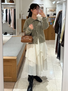 「mystic（ミスティック）のスクエアトゥロングブーツ（ブーツ）」を使った、つゆちゃんさん（レディース・156cm）の秋コーディネート