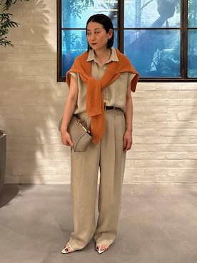 「Chaos（カオス）のChaos(カオス)/【4/10金子綾さんYouTube紹介】アイアスロータパンツ【セットアップ可】（スラックス、ベージュ系）」を使った、chaos_kawaさん（レディース・150cm）の春コーディネート