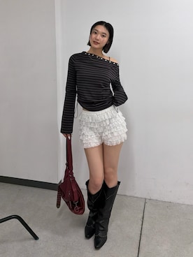 「WHO'S WHO gallery（フーズフーギャラリー）のスタッズオフショルL/Sトップス(ドット/ボーダー)（Tシャツ/カットソー、グレー系）」を使った、うらのことこさん（レディース・165cm）の春コーディネート