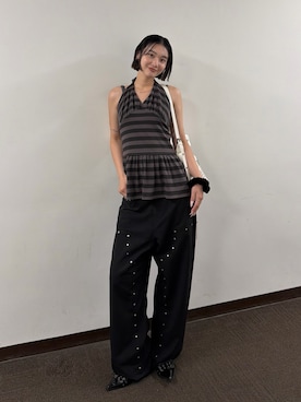 「WHO'S WHO gallery（フーズフーギャラリー）のホルターフリルチュニックOP（ワンピース、グレー系）」を使った、うらのことこさん（レディース・165cm）の夏コーディネート