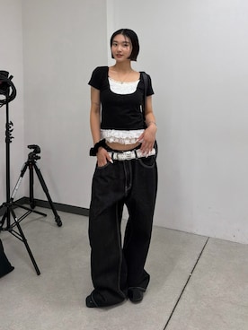 「WHO'S WHO gallery（フーズフーギャラリー）のレースレイヤードトップス（Tシャツ/カットソー、ブラック系）」を使った、うらのことこさん（レディース・165cm）の夏コーディネート