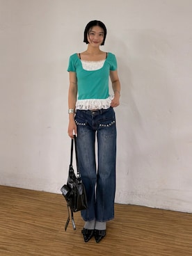 「WHO'S WHO gallery（フーズフーギャラリー）のレースレイヤードトップス（Tシャツ/カットソー、ブルー系）」を使った、うらのことこさん（レディース・165cm）の夏コーディネート