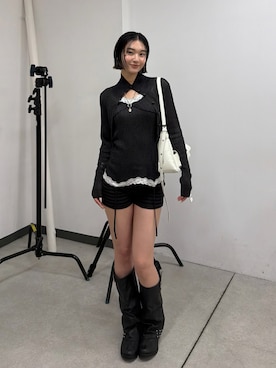 「WHO'S WHO gallery（フーズフーギャラリー）のシアーリブガーターキャミ（キャミソール、ブラック系）」を使った、うらのことこさん（レディース・165cm）の夏コーディネート