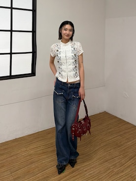 「WHO'S WHO gallery（フーズフーギャラリー）のナポレオンレーススタンドシャツ（シャツ/ブラウス、ホワイト系）」を使った、うらのことこさん（レディース・165cm）の春コーディネート