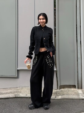 「WHO'S WHO gallery（フーズフーギャラリー）のEYELET SWEAT PANT/アイレットスウェットパンツ（スウェットパンツ、ブラック系）」を使った、うらのことこさん（レディース・165cm）の夏コーディネート