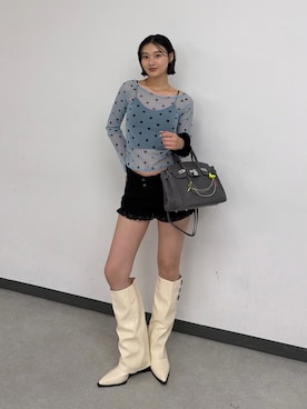 「WHO'S WHO gallery（フーズフーギャラリー）の【SLOPPY】パワーメッシュシアートップス（無地/ドット）（Tシャツ/カットソー、ブルー系）」を使った、うらのことこさん（レディース・165cm）の夏コーディネート