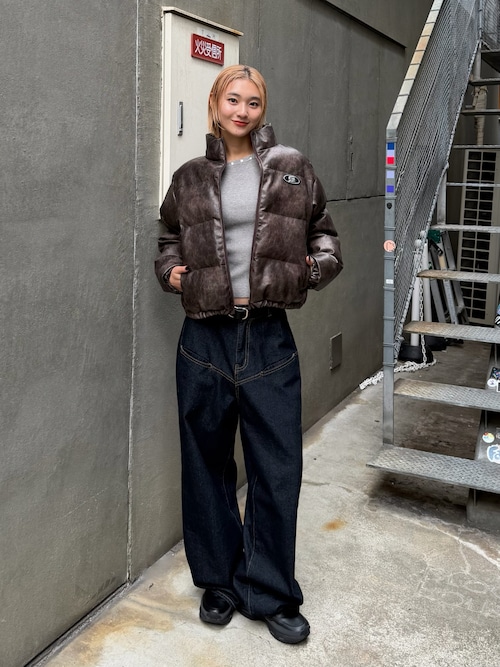 セール】【UNISEXS】Sロゴヴィンテージライクレザーパファーブルゾン