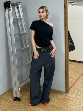 「WHO'S WHO gallery（フーズフーギャラリー）のスタッズベルト（ベルト）」を使った、うらのことこさん（レディース・165cm）の夏コーディネート