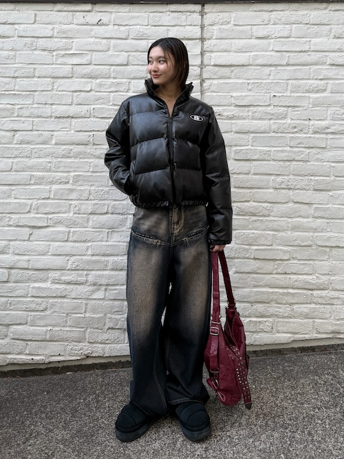 セール】【UNISEXS】Sロゴヴィンテージライクレザーブルゾン（ダウン