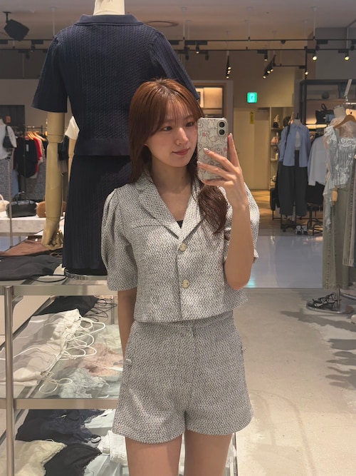 【美品】CLUB MONACO ツイードジャケット XS/TP セットアップ対応】パフスリーブショート丈ツイードジャケット