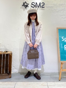 「サックスブルー」｜「アイテム（ノーカラージャケット）」を使った、ナカガワさん（レディース・156cm）の冬コーディネート