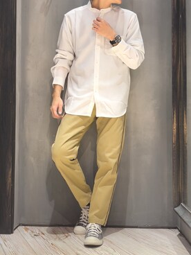 「UNION STATION（ユニオンステーション）の【バンドカラー】ナチュラルストレッチシャツ（シャツ/ブラウス）」を使った、隼さん（メンズ・160cm）の夏コーディネート