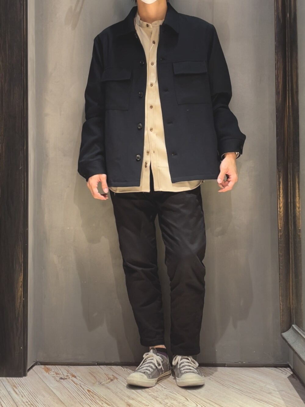「大人カジュアル、秋コーデ、お洒落さんとつながりたい、秋服準備はじめました、シャツスタイル、いいね、save、フォローお願いします🤑、今日のコーデ、カジュアル、低身長、今日の服」｜「UNION STATIONの【セットアップ対応】ポリエステルツイルCPOブルゾン（ミリタリージャケット、ブルー系）」を使った、隼さん（メンズ・160cm）の秋コーディネートの1枚目の写真