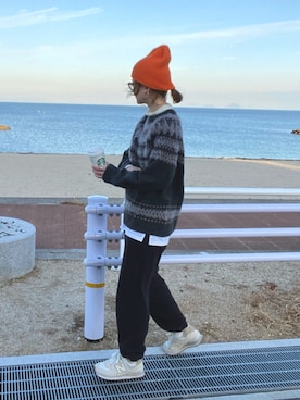 「CANAL JEAN（キャナルジーン）のアイテム（ニットキャップ/ビーニー）」を使った、teeemoeさん（レディース・157cm）の冬コーディネート