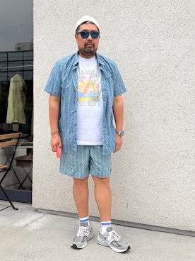 「SCREEN STARS（スクリーンスターズ）の【別注】SCREEN STARS / Print T-shirts（Tシャツ/カットソー、グレー系）」を使った、BEAMS PLUSさん（メンズ・175cm）の夏コーディネート
