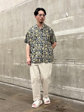 「BEAMS PLUS（ビームスプラス）のOpen Collar Block Print ①（シャツ/ブラウス、ブルー系）」を使った、BEAMS PLUSさん（メンズ・175cm）の夏コーディネート