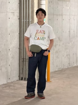 「SCREEN STARS（スクリーンスターズ）の【別注】SCREEN STARS / Print T-shirts（Tシャツ/カットソー、ホワイト系）」を使った、BEAMS PLUSさん（メンズ・175cm）の夏コーディネート