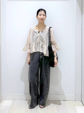 「GLOBAL WORK（グローバルワーク）のGOODデニムバレルCOOL/627009（デニムパンツ、ブラック系）」を使った、rellraさん（レディース・159cm）の夏コーディネート