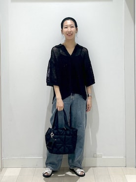 「GLOBAL WORK（グローバルワーク）のメッシュラメポロニット半袖/587686（ニット/セーター）」を使った、rellraさん（レディース・159cm）の夏コーディネート