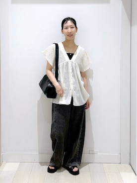 「GLOBAL WORK（グローバルワーク）のGOODデニムバレルCOOL/627009（デニムパンツ、ブラック系）」を使った、rellraさん（レディース・159cm）の夏コーディネート