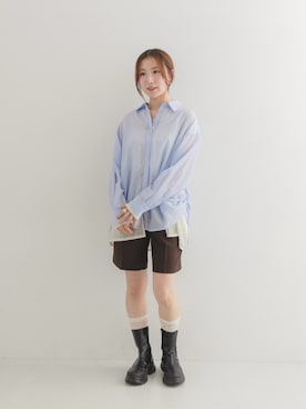 「KBF（ケイビーエフ）のシアーストライプレイヤードシャツ（シャツ/ブラウス、ブルー系）」を使った、なごみそさん（レディース・160cm）の夏コーディネート