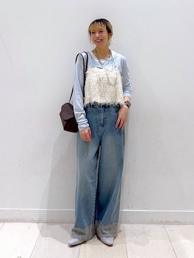 「GLOBAL WORK（グローバルワーク）のサラサラヘンリーネック長袖プルオーバー/1017895（Tシャツ/カットソー、ブルー系）」を使った、Miyaさん（レディース・152cm）の夏コーディネート