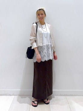 「GLOBAL WORK（グローバルワーク）のフラワー刺繍シュシュ/581086（シュシュ、ホワイト系）」を使った、Miyaさん（レディース・152cm）の夏コーディネート
