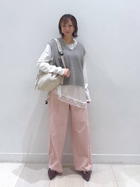 「GLOBAL WORK（グローバルワーク）のヘビロッTEEレース切り替え/1054499（Tシャツ/カットソー、ホワイト系）」を使った、Miyaさん（レディース・152cm）の秋コーディネート
