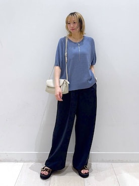 「GLOBAL WORK（グローバルワーク）のリネン混ニット2WAYプルオーバー半袖/147712（Tシャツ/カットソー、ブルー系）」を使った、Miyaさん（レディース・152cm）の春コーディネート