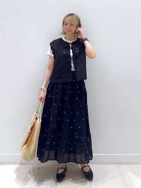 「GLOBAL WORK（グローバルワーク）のmeets India/刺繍レースベスト/601191（ベスト、ブラック系）」を使った、Miyaさん（レディース・152cm）の春コーディネート
